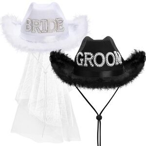 9919 2 Pcs Bride Cowgirl Hat With Veil Feathers Black Groom Cowboy Hats